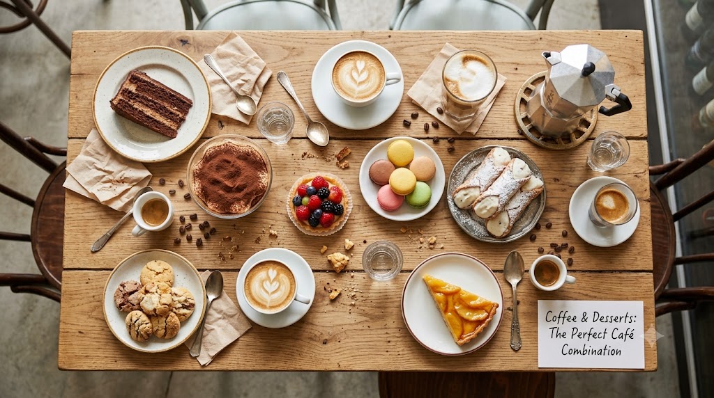 Cozy indoor Italian cafe bar in Delhi with warm bistro lighting, displaying artisan pizzas, fresh pasta, cannoli, croissants, pastries, and specialty coffees."